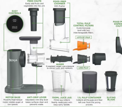 Ninja 3-in-1 Cold Press Juicer, Slicer & Shredder with Anti-Clog Filter JC152UK